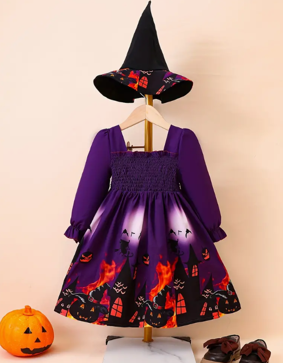 Halloween Costume and Decor – Pumpkin & Castle Pattern Girls Long Sleeve Square Neck Dress & Hat Set, Party Style Kids Trendy Outfit, Halloween Costume Gift