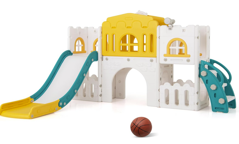 Kids Slides — Kids L-Shaped Slide Playset with Basketball Hoop at Baby Direct