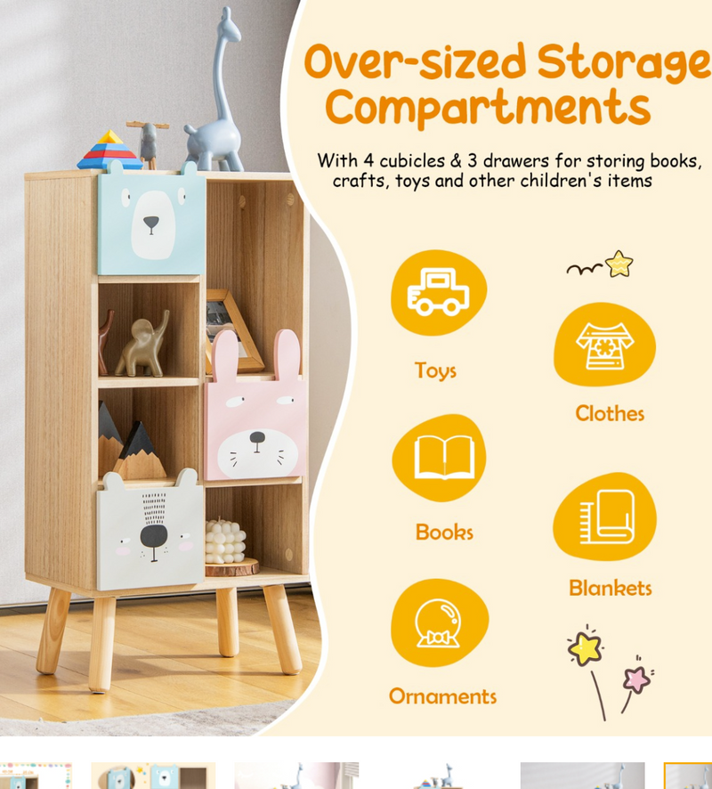Rever Bebe Kids Storage Cabinet with 4 Cubbies & 3 Drawers for Books & Toys
