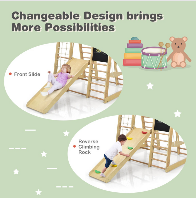 Rever Bebe Wooden 8-Feature Activity Gym Playset: Monkey Bars, Climbing Ladder (Pre order for April)