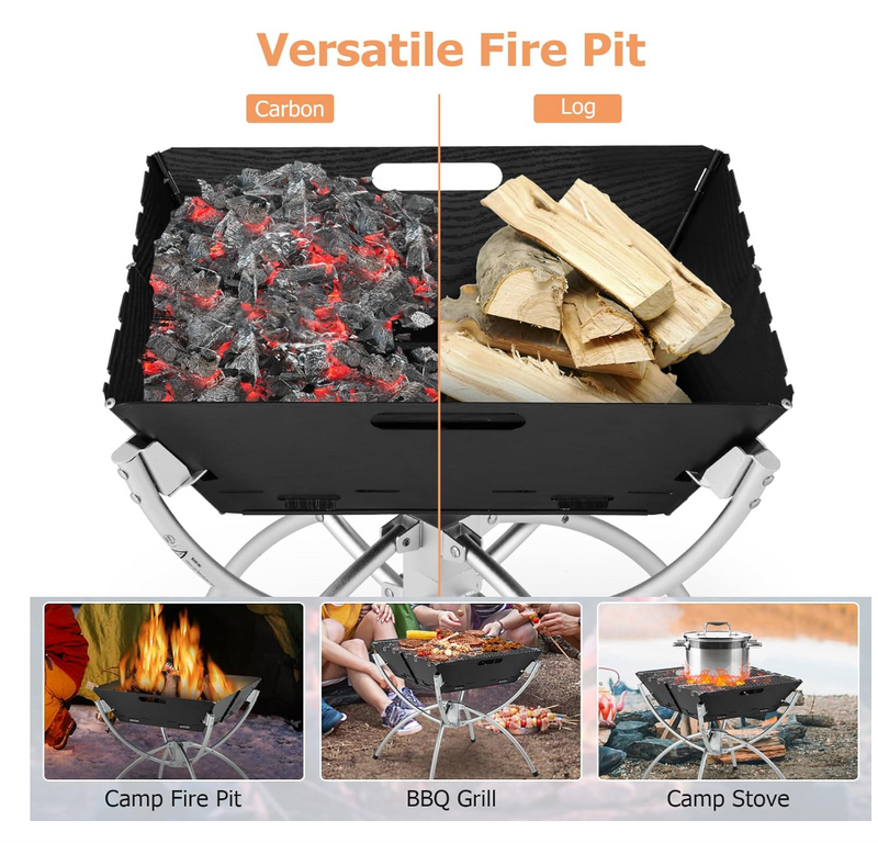 Rever Living Camping Campfire BBQ Grill, 3-in-1 Portable Firewood Charcoal Fire Pit
