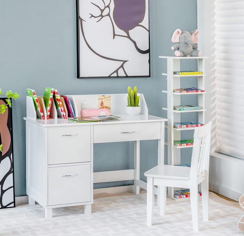 Rever Bebe Kids Learning Desk and Chair Set white with shelf and storage