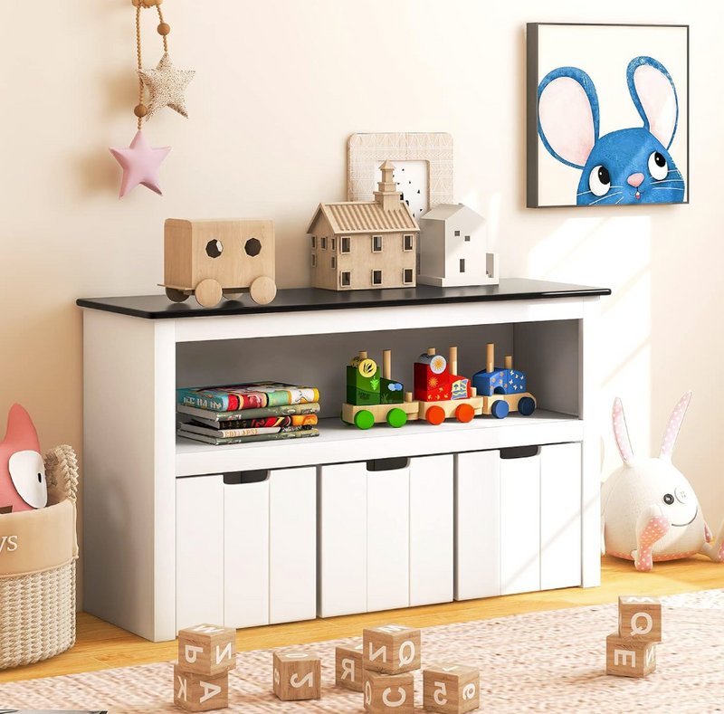 Rever Bebe Kids Toy Storage Organizer with 3 Bins, Children's Bookcase with Writable Blackboard Tabletop