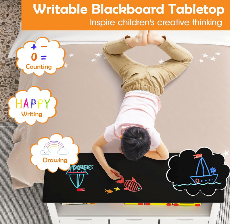Rever Bebe Kids Toy Storage Organizer with 3 Bins, Children's Bookcase with Writable Blackboard Tabletop