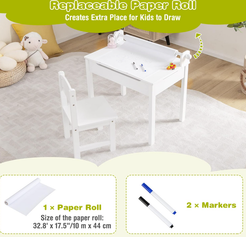 Rever Bebe Kids Table and Chairs Set w/Paper Roll Holder