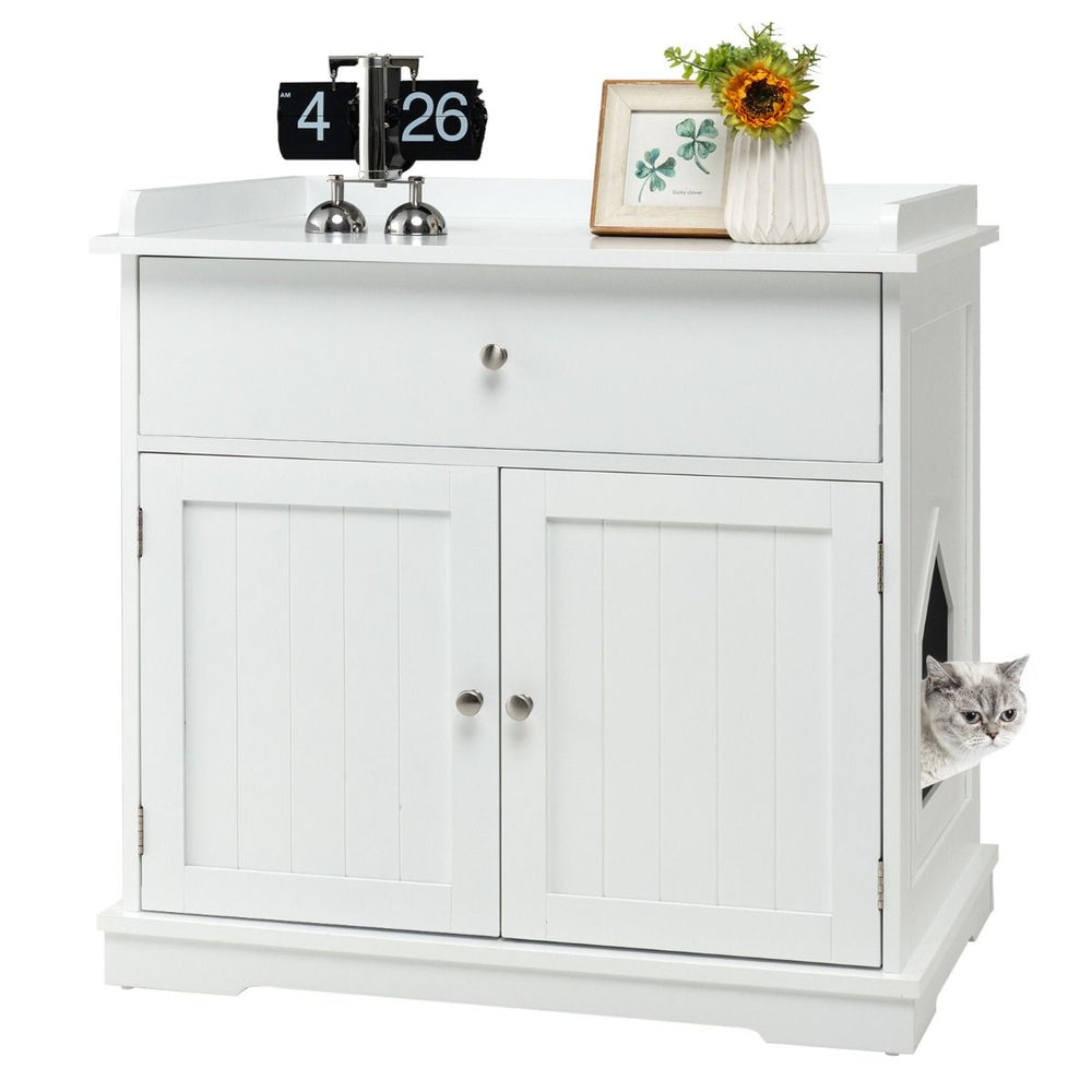 White Cat Litter Box Cabinet with Drawer