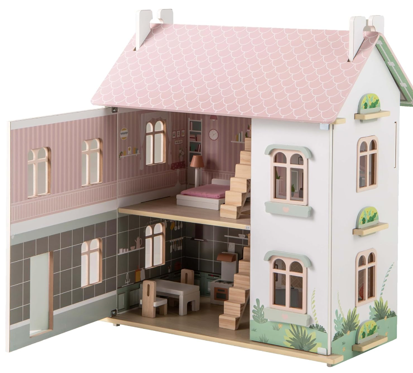 Dollhouses & Role Play — Wooden Dollhouse with Reversible Roof and Opening Doors at Baby Direct