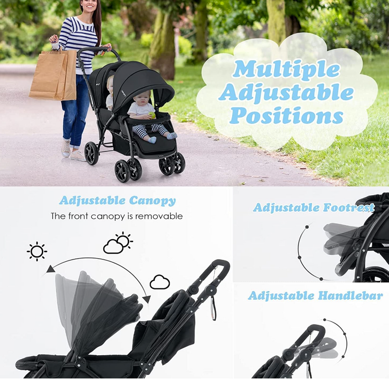 Rever Baby  Foldable Tandem Stroller, Double Seat Baby Pram Stroller