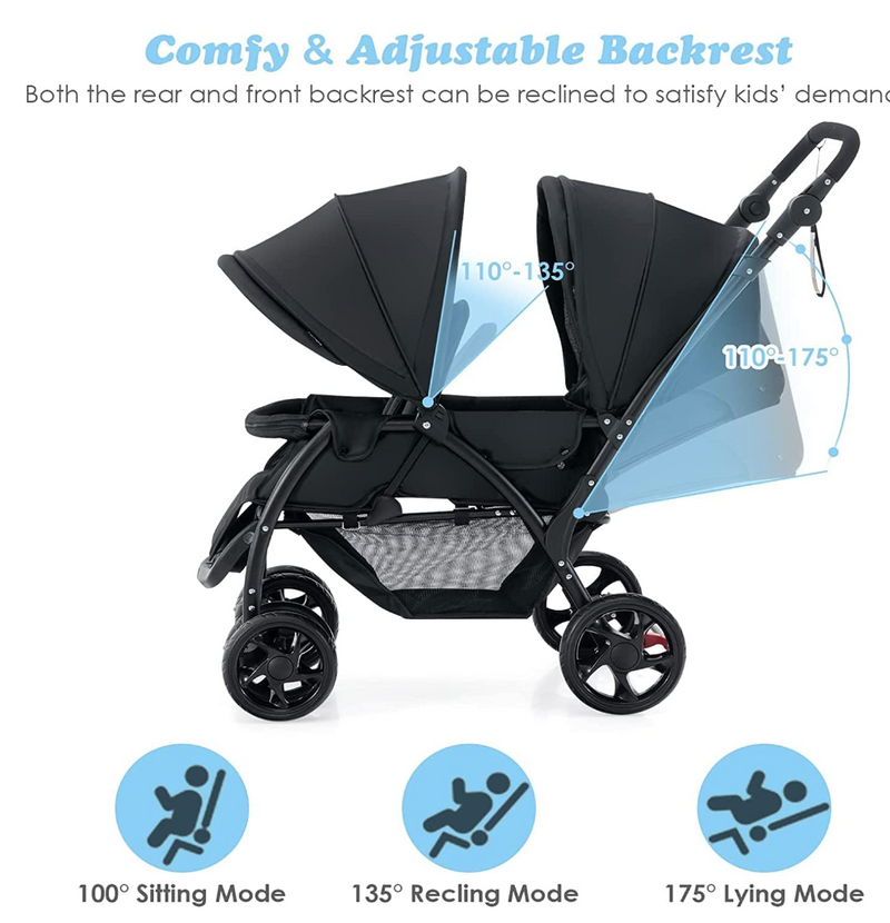 Rever Baby  Foldable Tandem Stroller, Double Seat Baby Pram Stroller