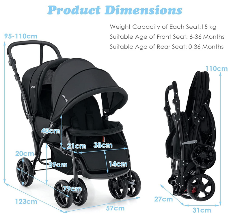 Rever Baby  Foldable Tandem Stroller, Double Seat Baby Pram Stroller