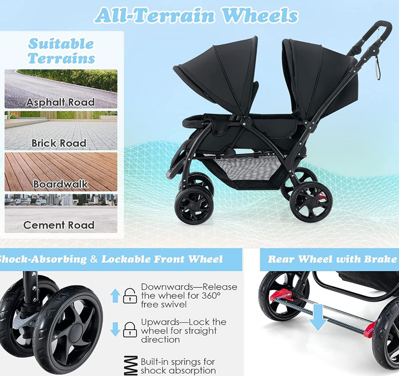 Rever Baby  Foldable Tandem Stroller, Double Seat Baby Pram Stroller