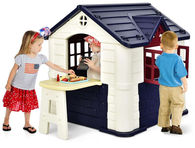 Rever Bebe  Playhouse for Kids, Outdoor Garden Games Cottage w/Working Doors & Windows, Pretend Toy House w/Picnic Table