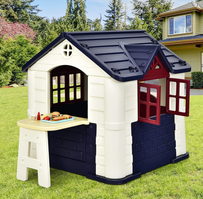 Rever Bebe  Playhouse for Kids, Outdoor Garden Games Cottage w/Working Doors & Windows, Pretend Toy House w/Picnic Table