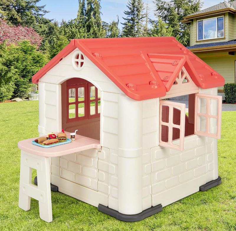 Rever Bebe  Playhouse for Kids, Outdoor Garden Games Cottage w/Working Doors & Windows, Pretend Toy House w/Picnic Table
