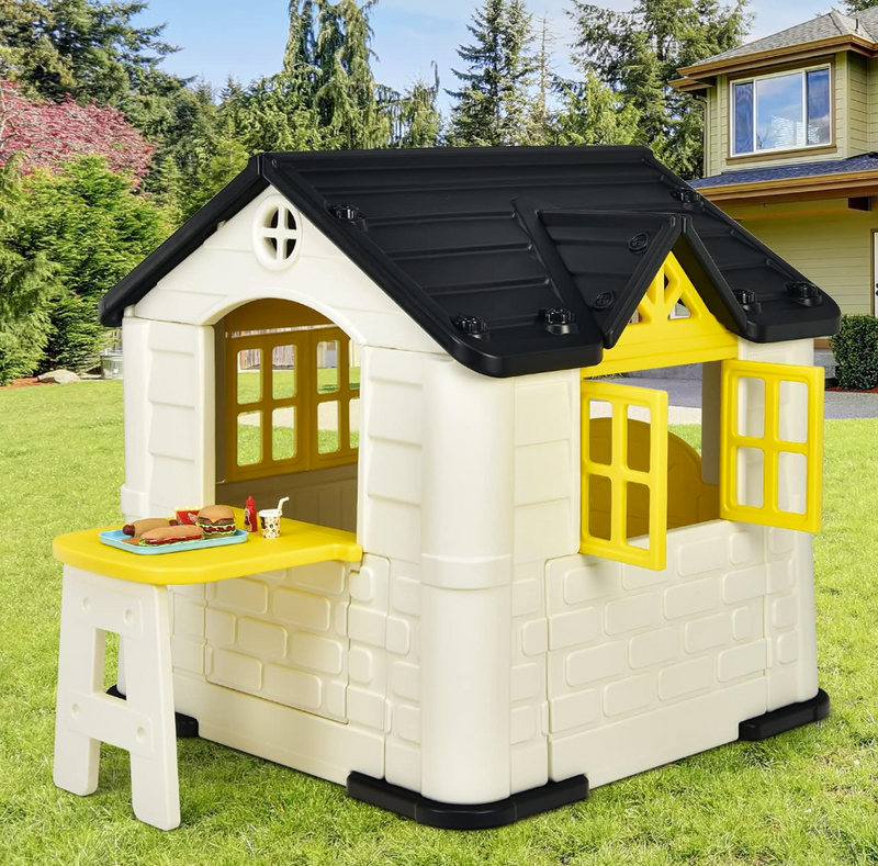 Rever Bebe  Playhouse for Kids, Outdoor Garden Games Cottage w/Working Doors & Windows, Pretend Toy House w/Picnic Table