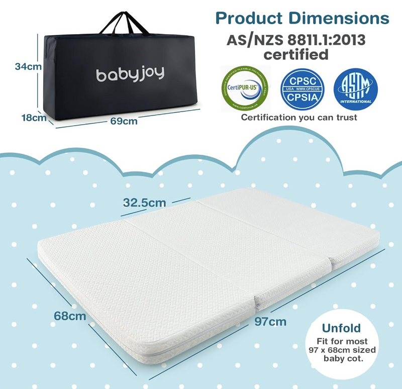 Rever Bebe Folding PortaCot Travel cot Mattresses 97 x 68 x 5cm Dual