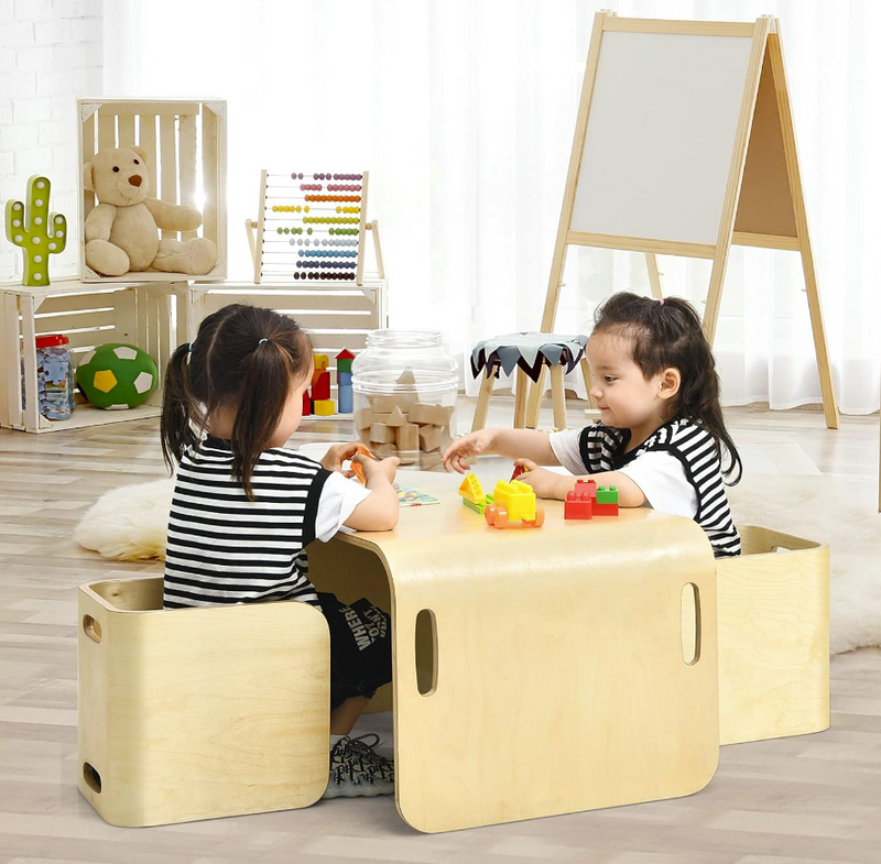 Keezi 3 PC Nordic Kids Table Chair Set Beige Desk Activity Compact Chi