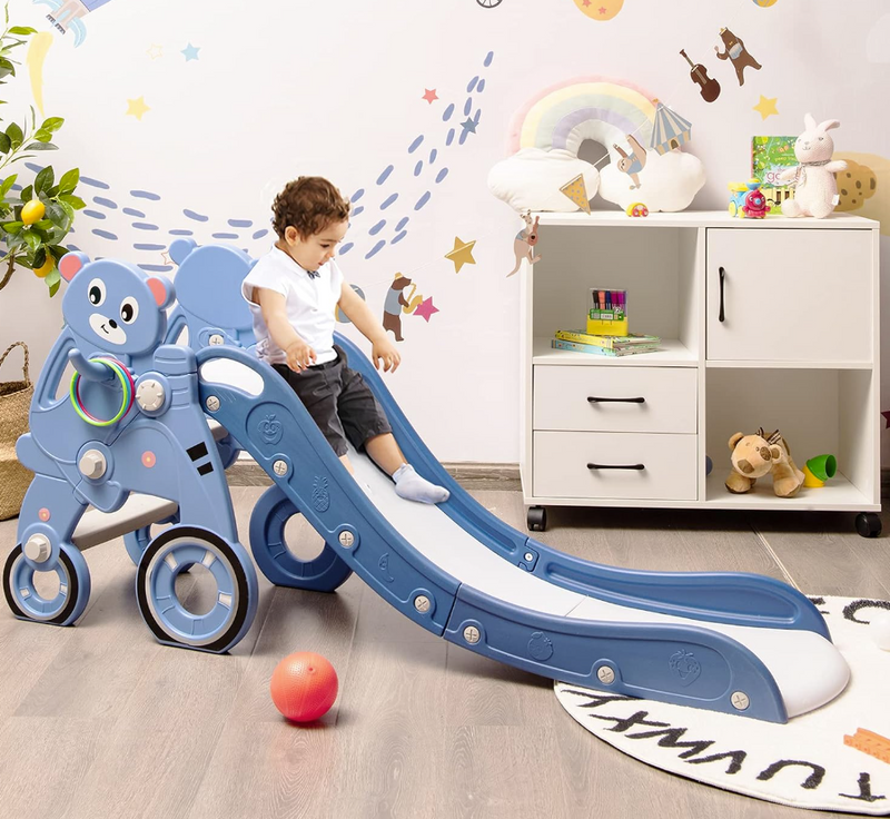 Rever Bebe 4 in 1 Toddler Folding Slide Activity Center w/Extra Long Slipping Slope, Ring Toss and Ball