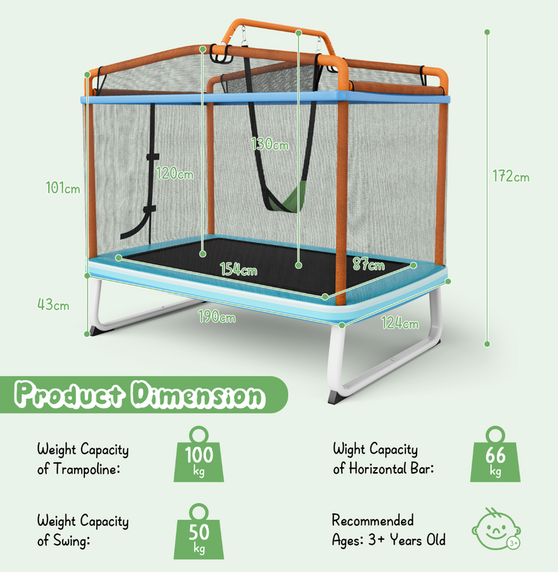 Baby Direct Rectangular 3-in-1 Trampoline Set with Swing and Horizontal Bar