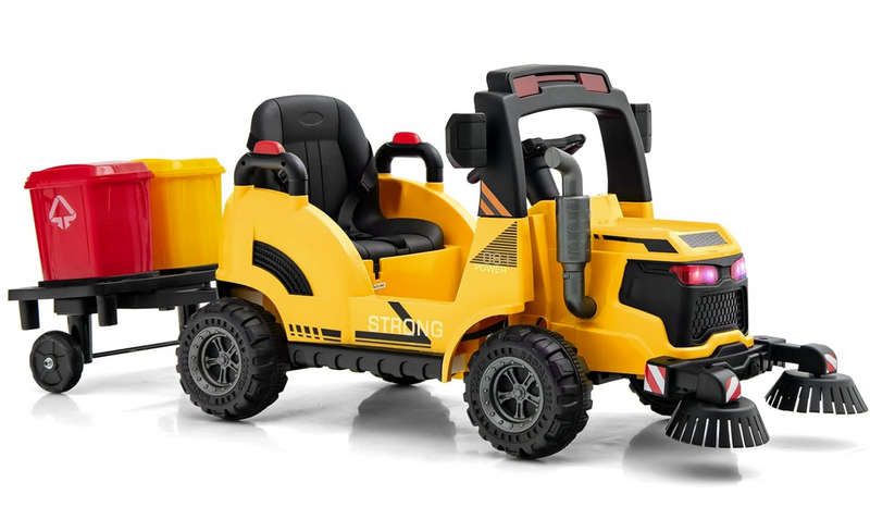 Baby Direct  Kids Electric Ride-On Car, 12V Street Sweeper Truck w/2 Rotating Brushes & 2 Removable Rubbish Bins