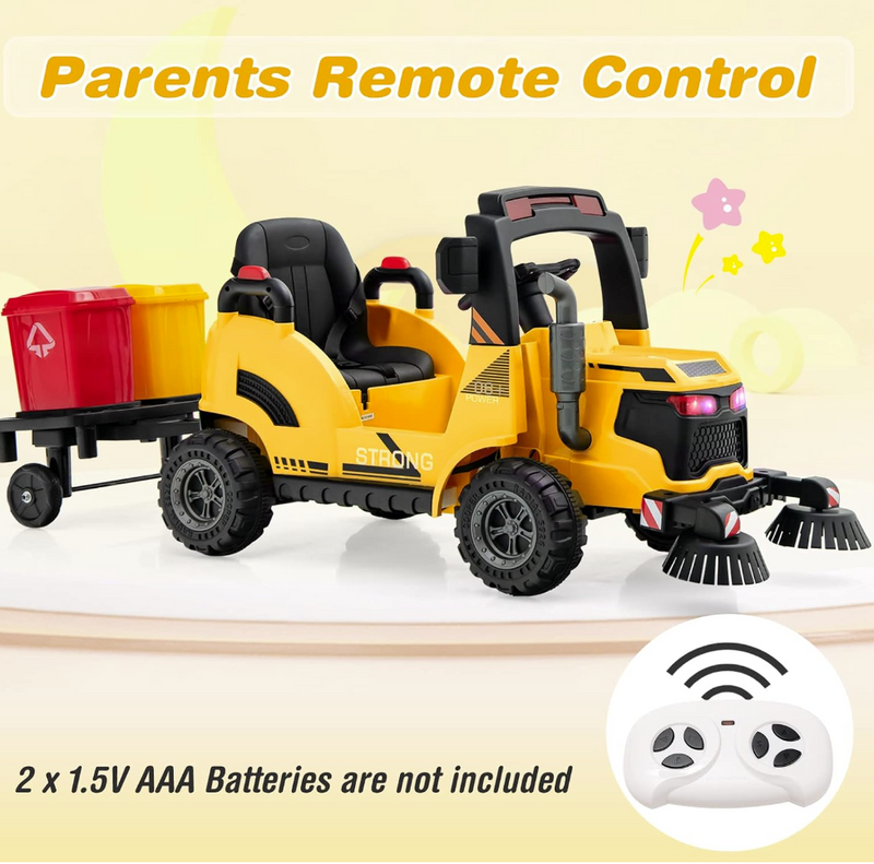 Baby Direct  Kids Electric Ride-On Car, 12V Street Sweeper Truck w/2 Rotating Brushes & 2 Removable Rubbish Bins