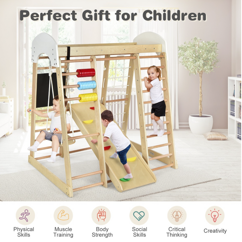 Rever Bebe Wooden 8-Feature Activity Gym Playset: Monkey Bars, Climbing Ladder