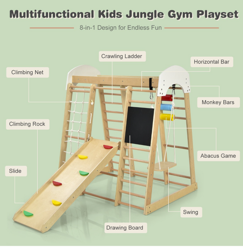 Rever Bebe Wooden 8-Feature Activity Gym Playset: Monkey Bars, Climbing Ladder