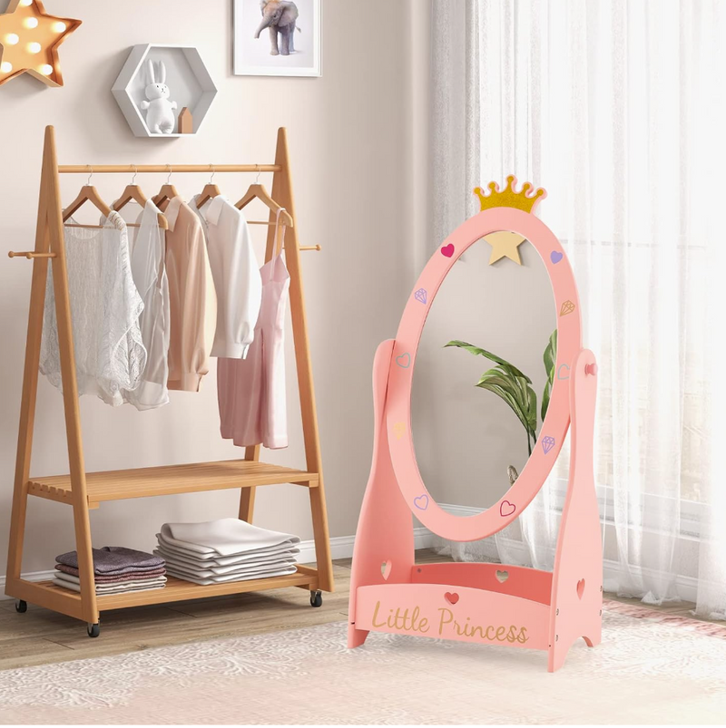 Rever Bebe  Kids Full Length Mirror, Princess Floor Free Standing Mirror w/Storage Shelf