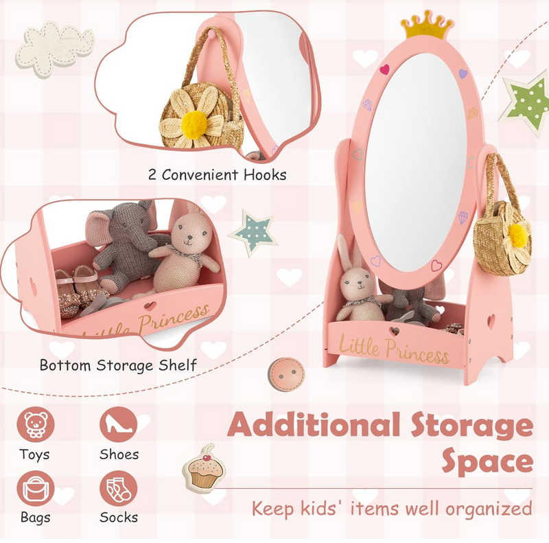 Rever Bebe  Kids Full Length Mirror, Princess Floor Free Standing Mirror w/Storage Shelf