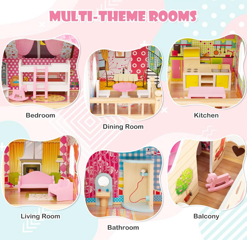 Rever Bebe Kids Wooden Dollhouse Playset w/15 Furniture Accessories