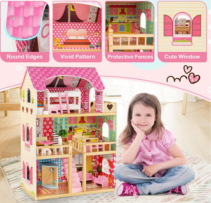 Rever Bebe Kids Wooden Dollhouse Playset w/15 Furniture Accessories