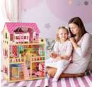 Rever Bebe Kids Wooden Dollhouse Playset w/15 Furniture Accessories