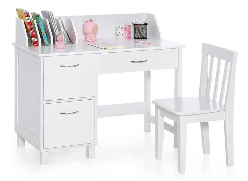 Rever Bebe Kids Learning Desk and Chair Set white with shelf and storage