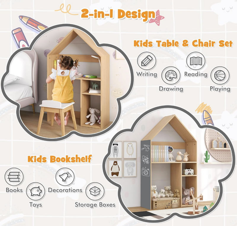 Rever Bebe Kids House-Shaped 2-in-1 Table and Chair Set