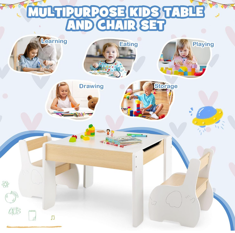 Rever Bebe  Kids Table and Chairs Set, 4-in-1 Wooden Activity Table and 2 Chairs