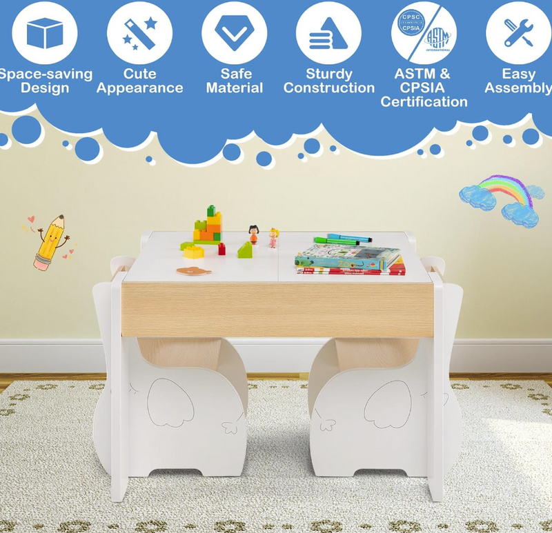 Rever Bebe  Kids Table and Chairs Set, 4-in-1 Wooden Activity Table and 2 Chairs