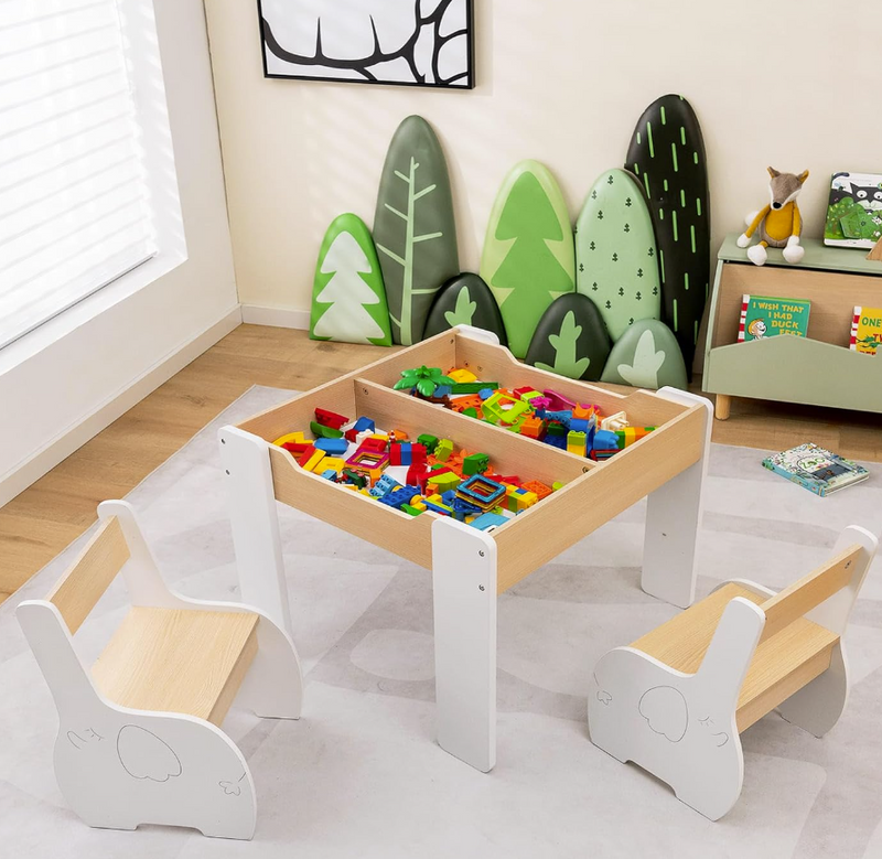 Rever Bebe  Kids Table and Chairs Set, 4-in-1 Wooden Activity Table and 2 Chairs