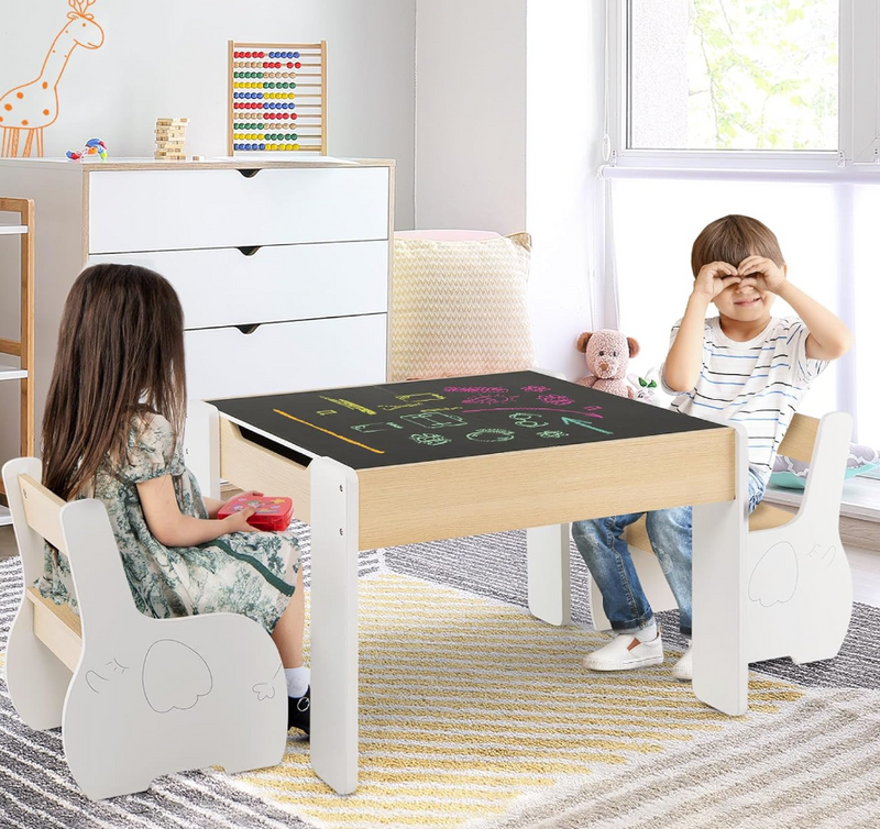 Rever Bebe  Kids Table and Chairs Set, 4-in-1 Wooden Activity Table and 2 Chairs