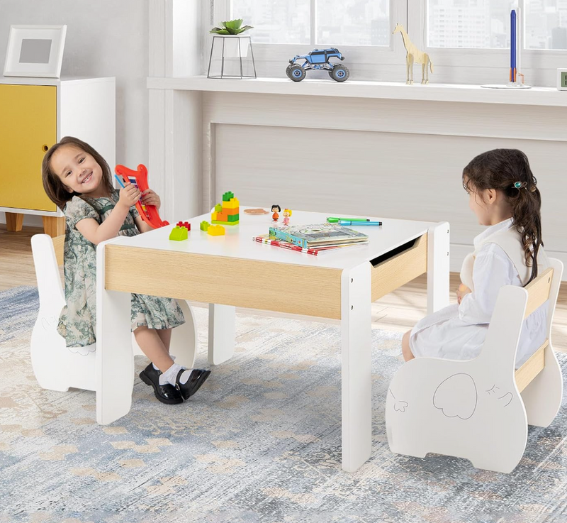 Rever Bebe  Kids Table and Chairs Set, 4-in-1 Wooden Activity Table and 2 Chairs