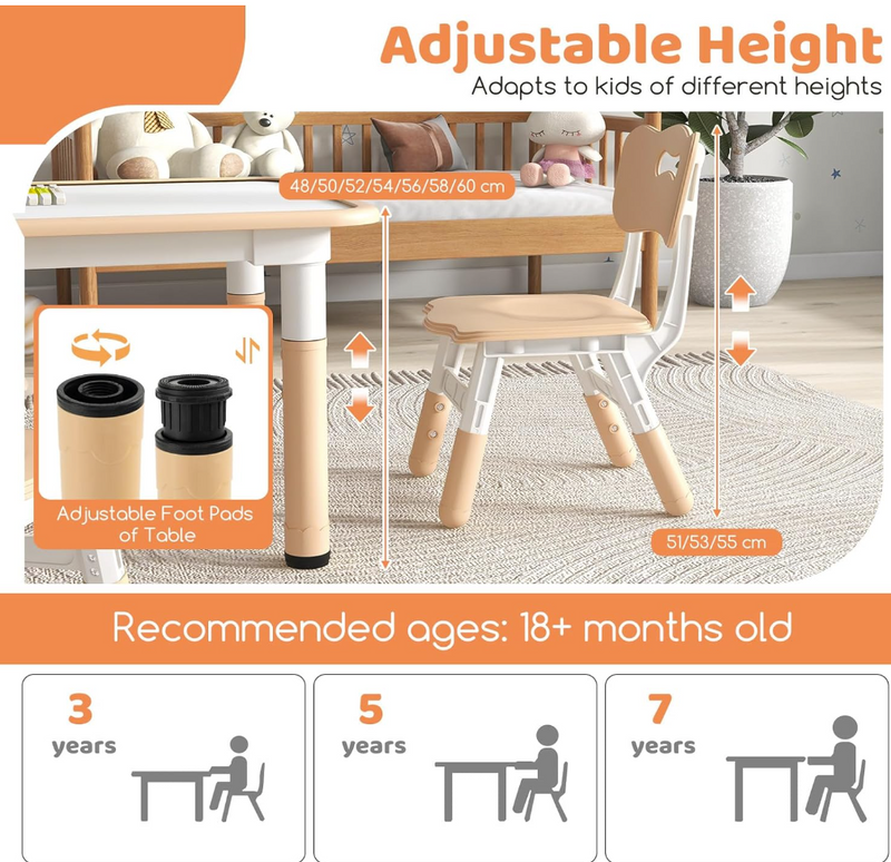 Rever Bebe Kids Table and 4 Chairs Set, Height Adjustable Toddler Desk