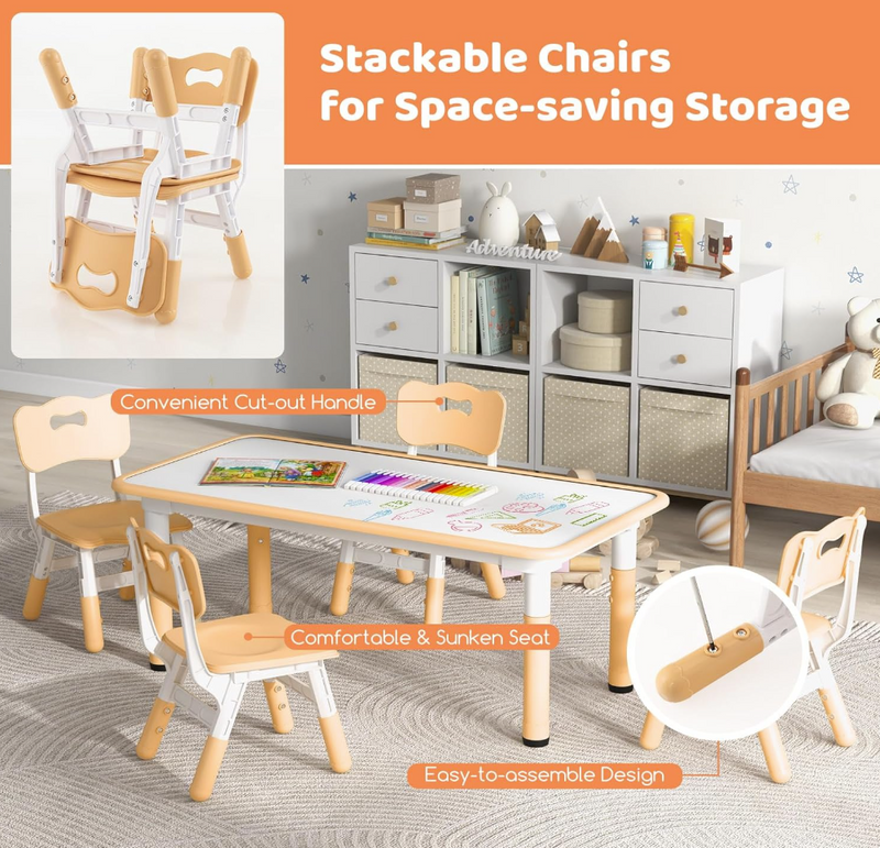 Rever Bebe Kids Table and 4 Chairs Set, Height Adjustable Toddler Desk