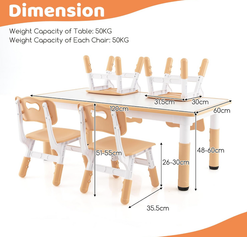 Rever Bebe Kids Table and 4 Chairs Set, Height Adjustable Toddler Desk