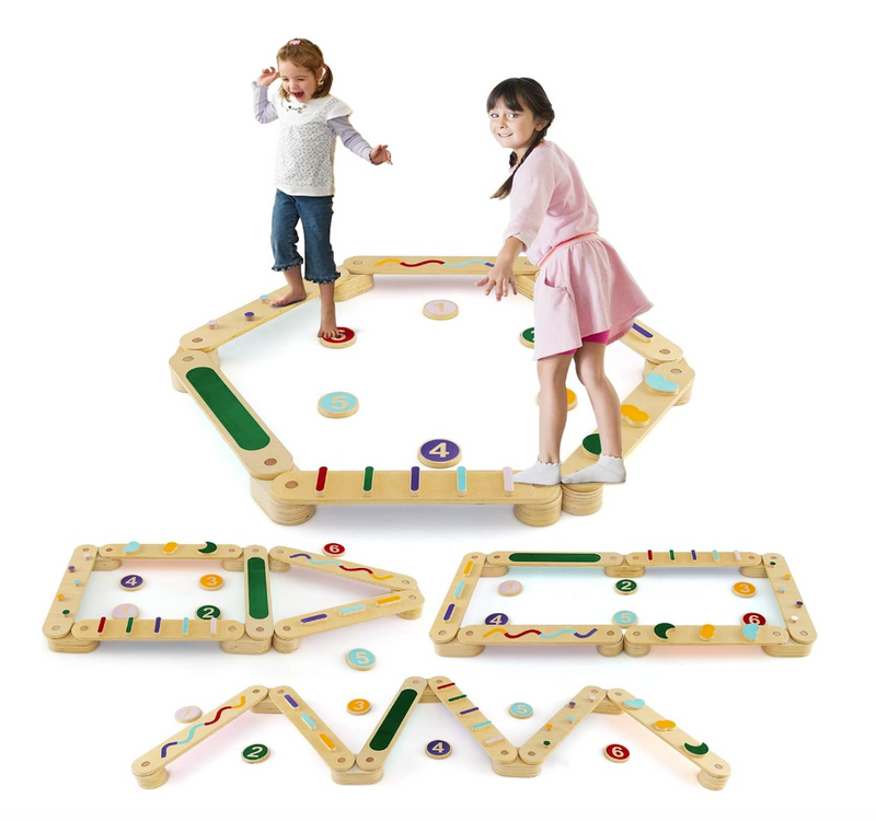 Rever Bebe Wooden Kids Balance Beam Set with Stepping Stones, Montessori Balance Boards