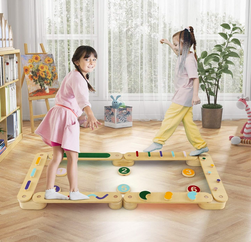 Rever Bebe Wooden Kids Balance Beam Set with Stepping Stones, Montessori Balance Boards