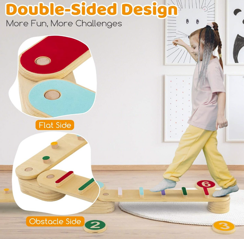 Rever Bebe Wooden Kids Balance Beam Set with Stepping Stones, Montessori Balance Boards