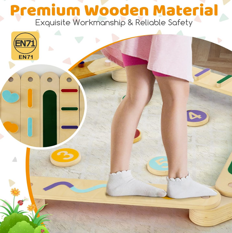 Rever Bebe Wooden Kids Balance Beam Set with Stepping Stones, Montessori Balance Boards