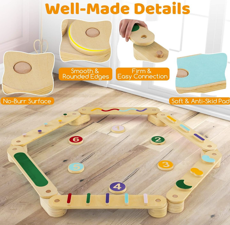 Rever Bebe Wooden Kids Balance Beam Set with Stepping Stones, Montessori Balance Boards