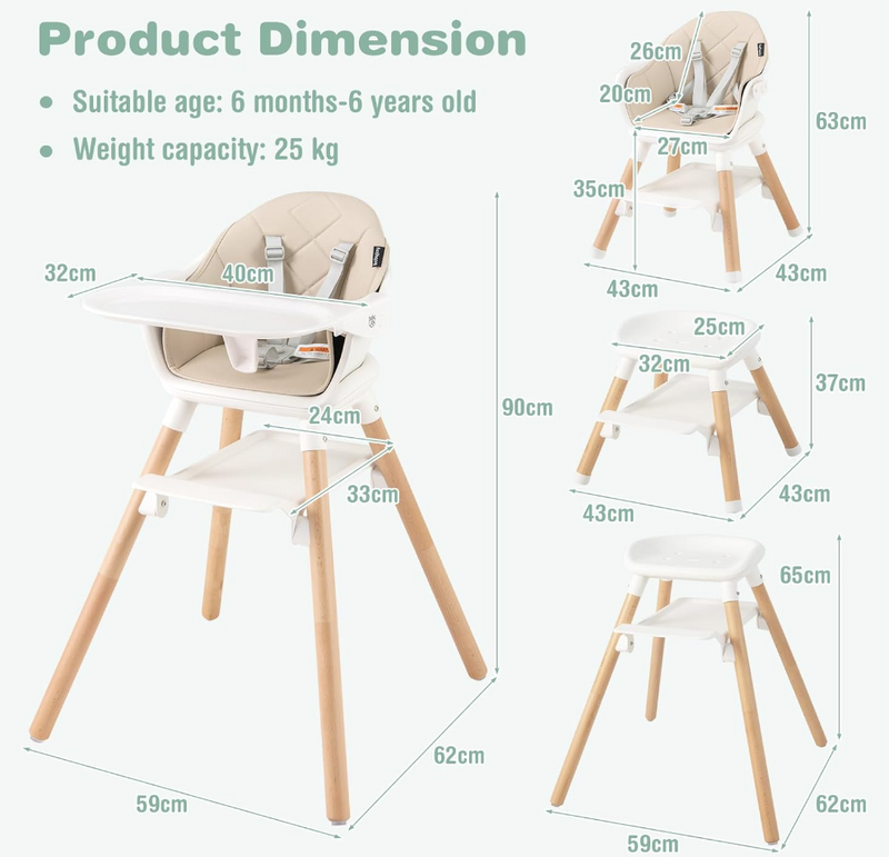 Rever Bebe 6-in-1 Convertible Wooden High Chair