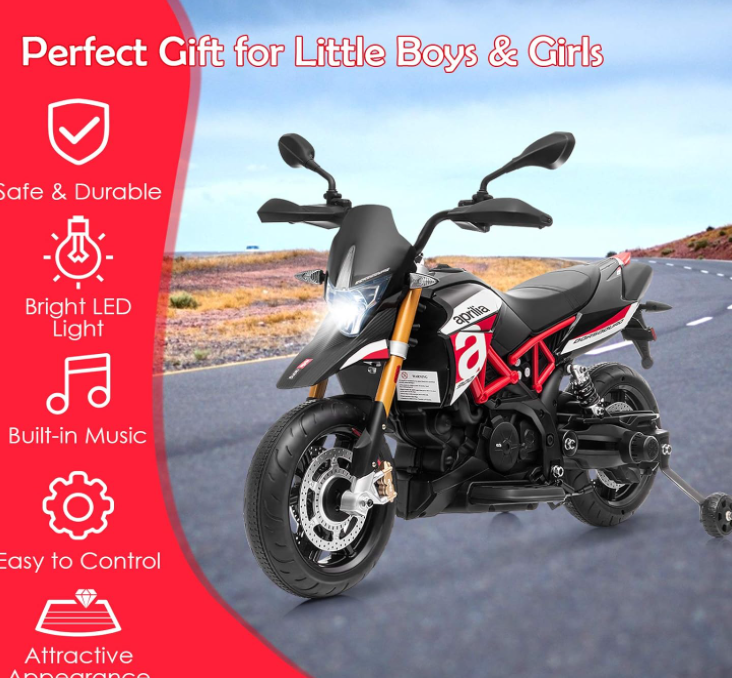 Licensed Aprilia 12V Electric Motorcycle, Battery Powered Kids Motorcycle w/ MP3 Player, LED Light, Spring Suspension, Chargeable Design, Training Wheels, Realistic Horn (Red)