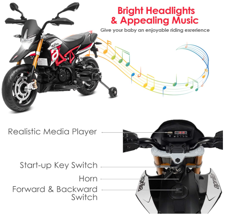 Licensed Aprilia 12V Electric Motorcycle, Battery Powered Kids Motorcycle w/ MP3 Player, LED Light, Spring Suspension, Chargeable Design, Training Wheels, Realistic Horn (Red)